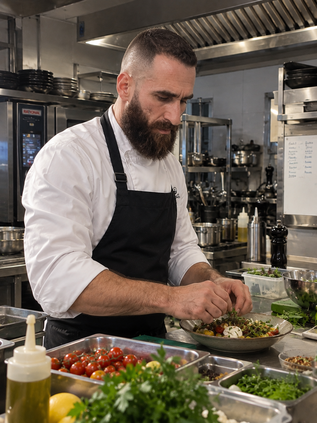 Ο chef εργάζεται στην επαγγελματική κουζίνα